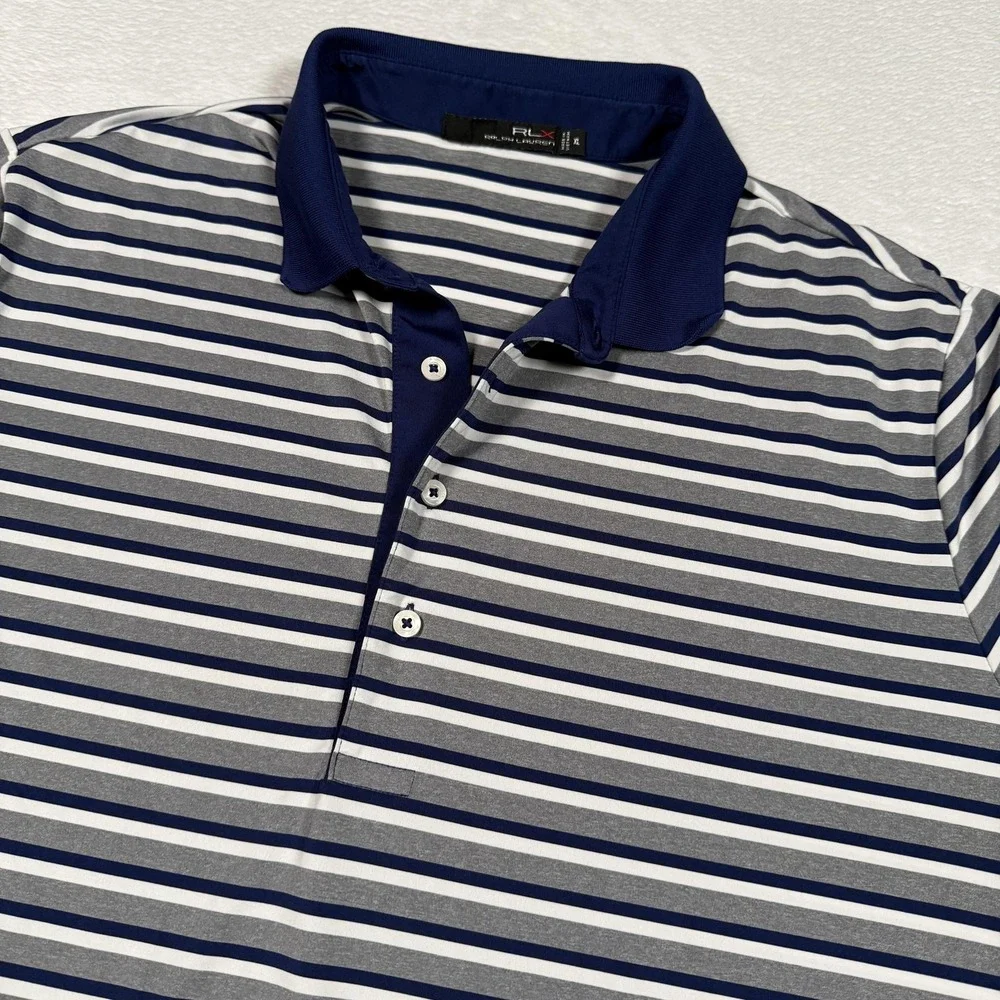 Ralph Lauren RLX Polo Shirt Mens XL Blue Gray White Striped Golf BHCC 1912 Logo‎